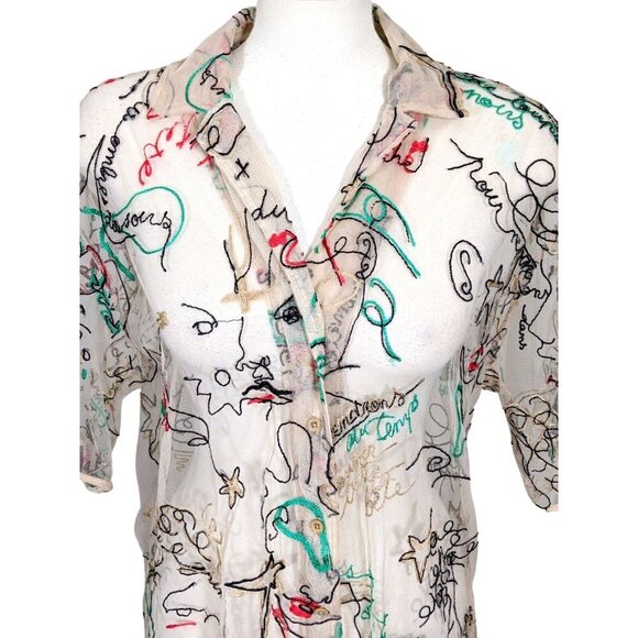Babaton Tops - Aritzia Babaton Womens M Sheer Embroidered Blouse Script Beige Art To Wear Artsy